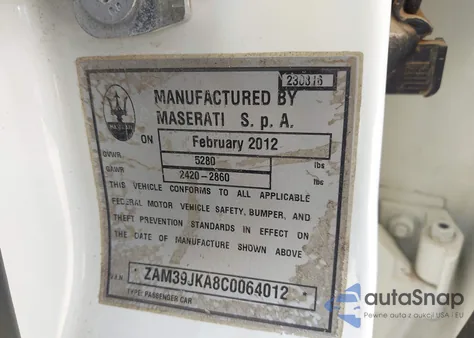 2012 Maserati Quattroporte S z USA, uszkodzony, nr VIN ZAM39JKA8C0064012